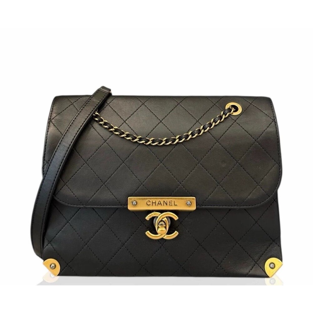 CHANEL RARE Black Quilted Classic Flap Crossbody Bag Chain Strap Turn Lock Gold